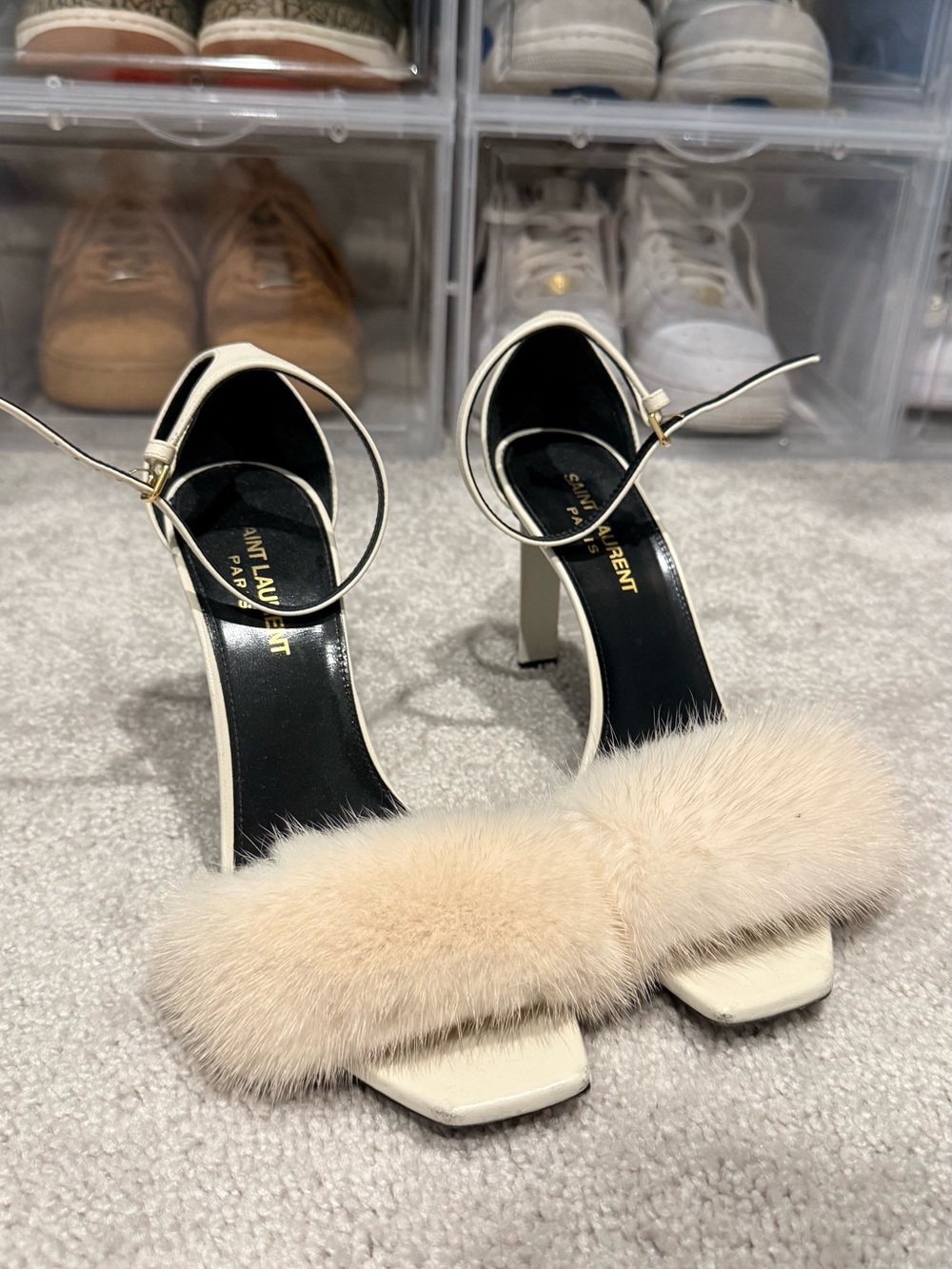 Saint Laurent Cream Mink Fur Strap High Heel Sandals